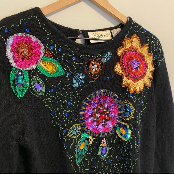 Vintage Cedars Black Embellished Beaded Sequin Silk Angora Sweater Small - Picture 7 of 12